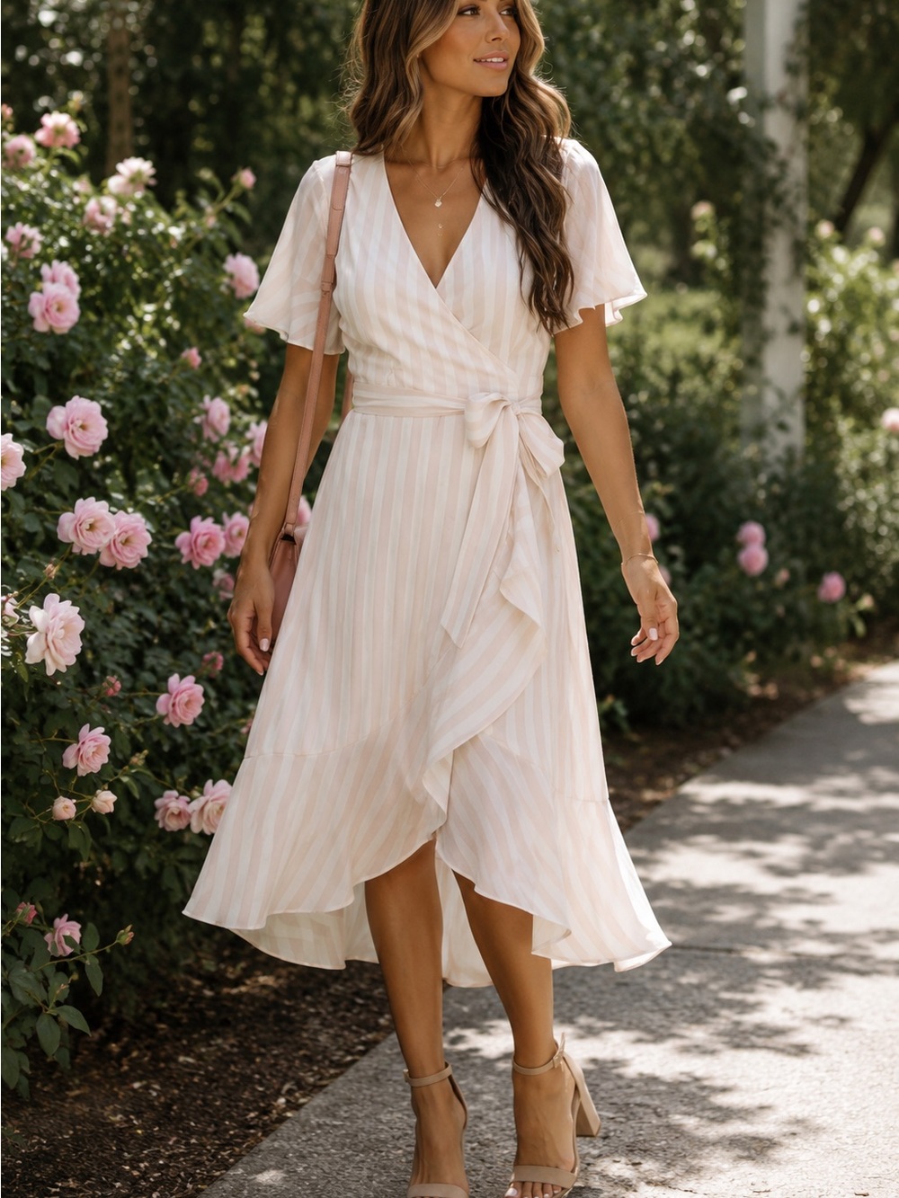 Rachel Parcell Striped Ruffled Hi Low Wrap Dress size Pink White Large L